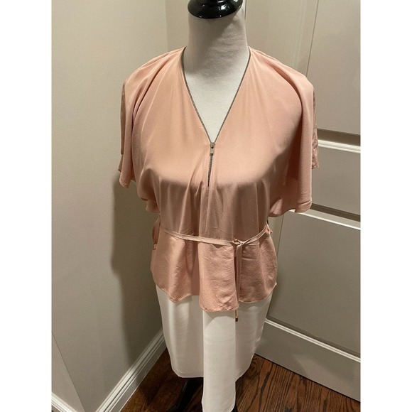 Pre-owned SHARON WAUCHOB Peach and White Silk and Crepe Cap Sleeve Dress SZ 12 - Picture 1 of 12
